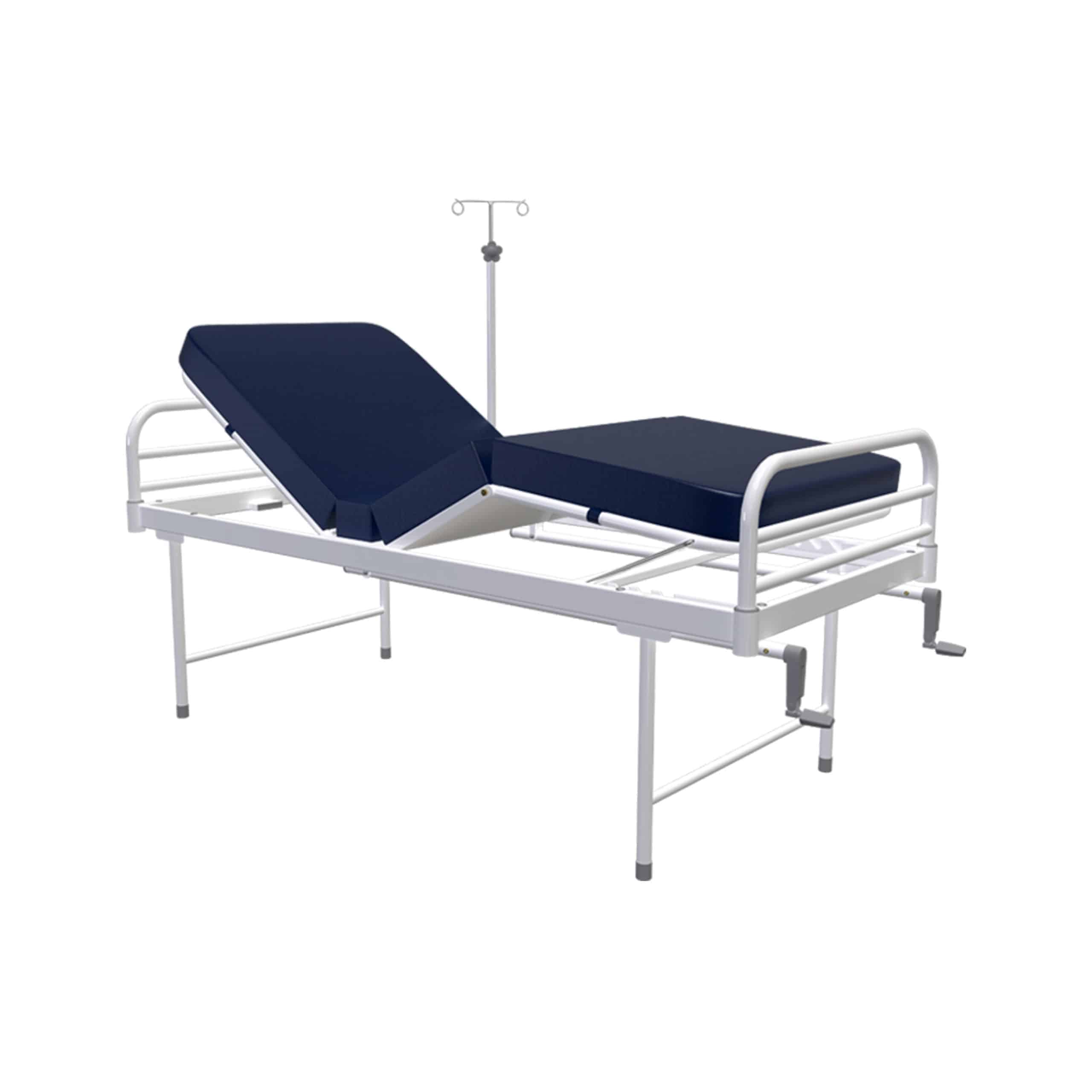 White colour Medical Examination Couch with Blue bed and saline stand attached to it under white background