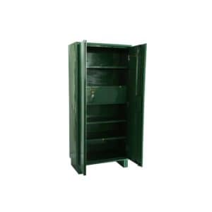 Image of an open green colour steel locker cupboard with five adjustable shelves and one locker in the middle for hospital use from inspace healthcare
