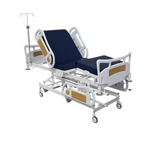 Blue hospital bed with lifting mechanism on stand, 3D render on white background
