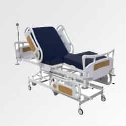 Blue colour hospital ICU bed with back rest elevated to partial sitting posture manufactured by Inspace Healthcare furniture