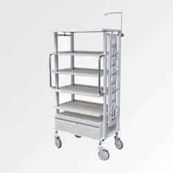 White Colour movable monitor Trolley for hospitals with Five Shelves manufactured by Inspace Healthcare Furniture
