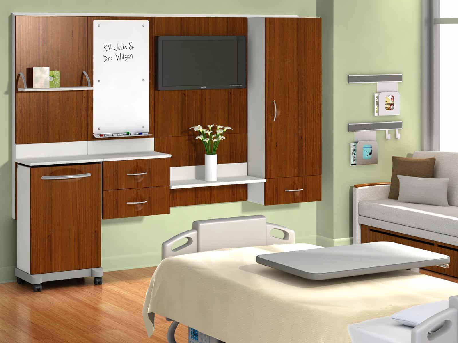 Interior Design of empty hospital room furnished with white colour bed , Monitor Trolley , Sofa Displayed