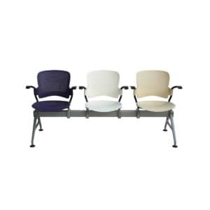 Polyurethene molded Three seater Empty medical waiting room chairs with purple,white and halfwhite colour displayed in white background