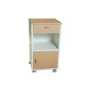 Three side covered hospital bedside cabinet with one drawer and two shelves with boottom one with door