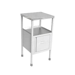 White colour hospital bedside table with two cabinets , one small door attached to last cabinet .SS Tray attached on the top
